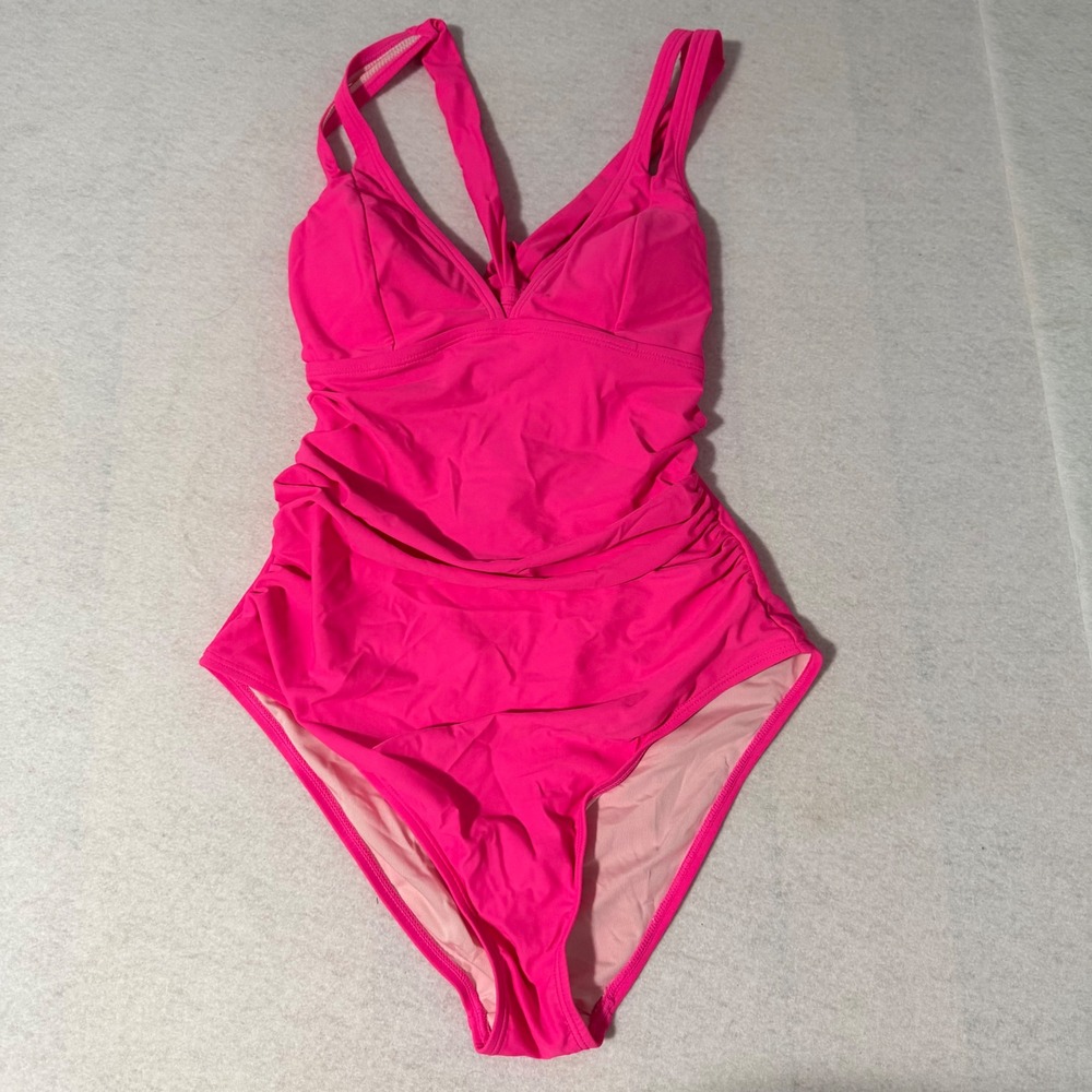 Cupshe Womens Hot Pink Ruched V Neck One Piece Swimsuit DAA12E3F003DD Size M NWT